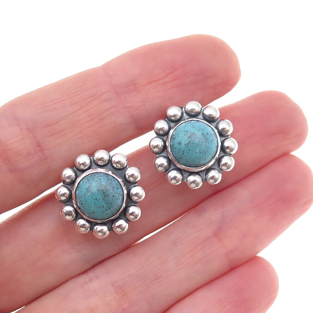 Old Pawn 925 Sterling Silver Vintage Turquoise Tribal Beaded Screw Back Earrings
